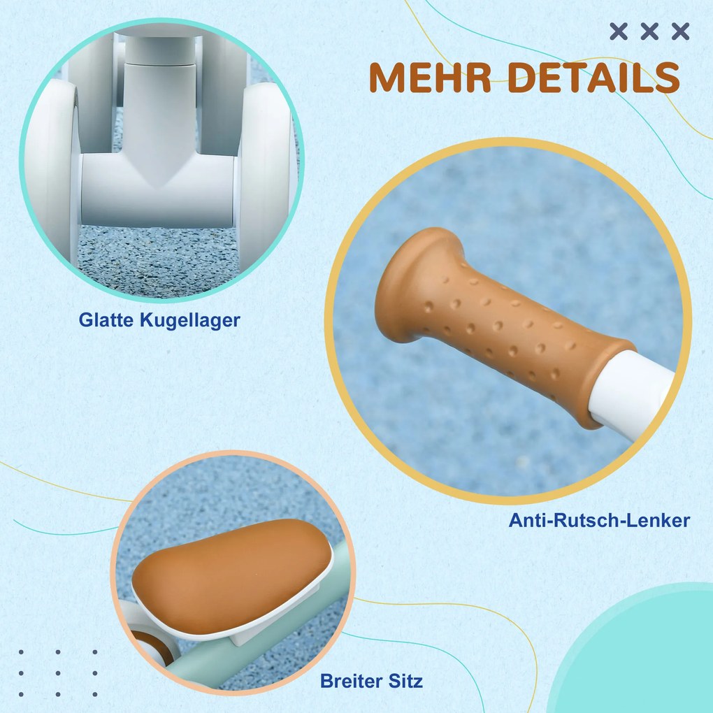 AIYAPLAY Rowerek biegowy z regulowanym siedziskiem, ciche opony, dla dzieci 1-3 lata, do 20 kg, Zielony/Biały