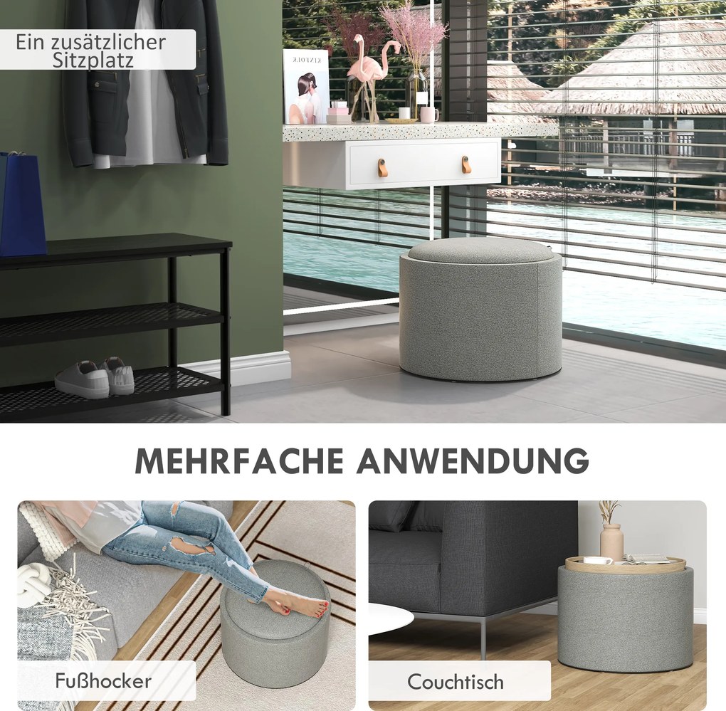 HOMCOM Pufa Pufa, Lekki, ukryta przestrzeń do przechowywania, składane wieko, 5 6cm x 56 cm x 42 cm, Szary + Naturalny