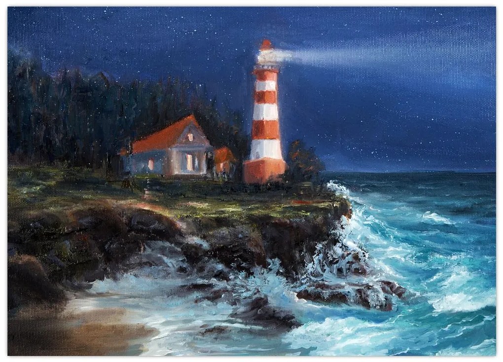 Obraz na szkle - Latarnia morska na brzegu oceanu, akwarela (70x50 cm)