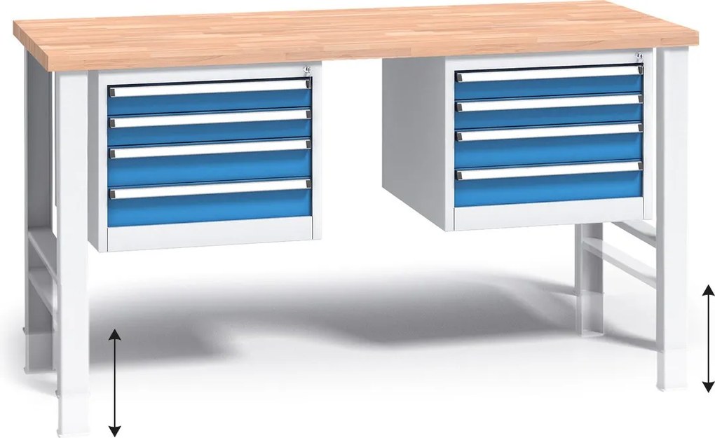Stół warsztatowy z regulacją wysokości G3, 1700 x 685 x 840-1050 mm, 2x 4 szufladowy kontener