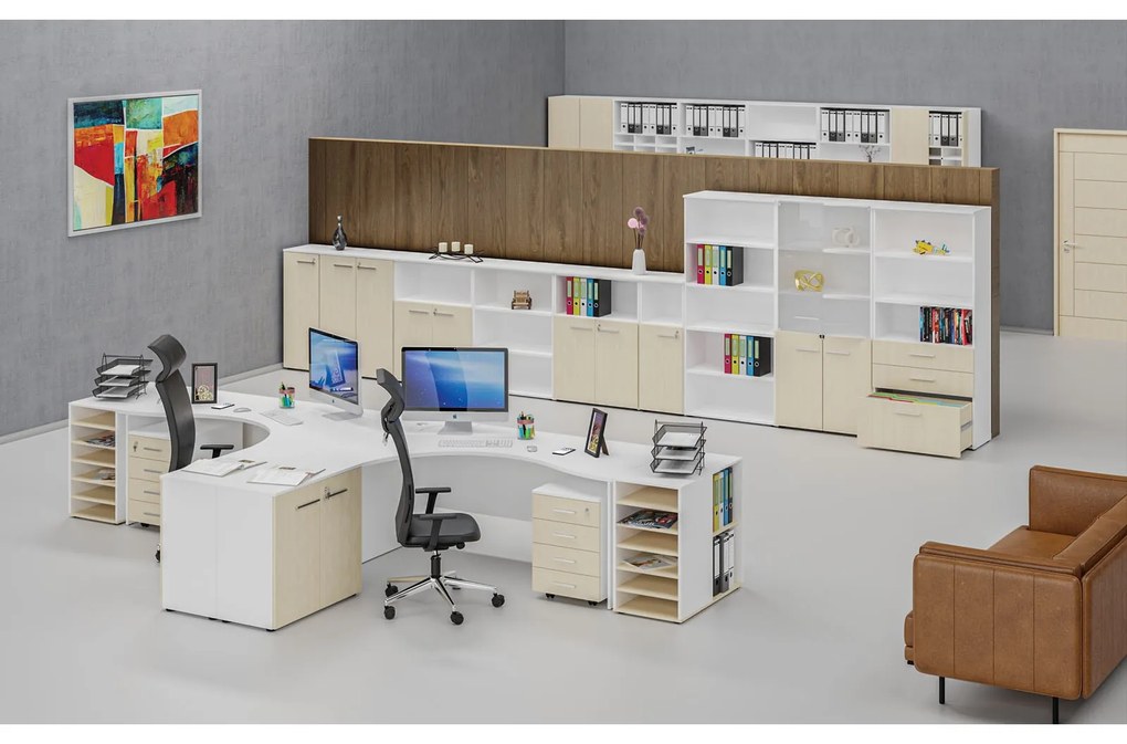 Szafa biurowa kombinowana PRIMO WHITE, drzwi przesuwne na 2 poziomach, 800 x 420 x 1434 mm, biały/brzoza