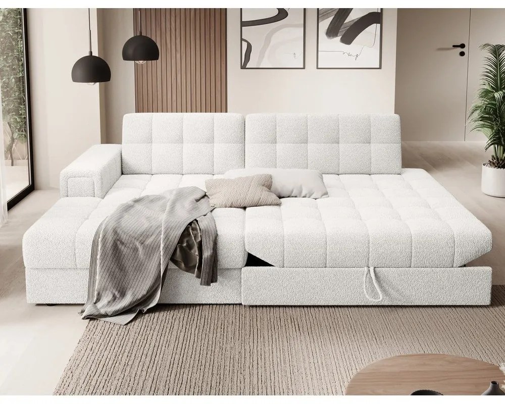 Kremowy rozkładany narożnik z materiału bouclé (lewostronny/z szezlongiem) Blezalt – ELTAP