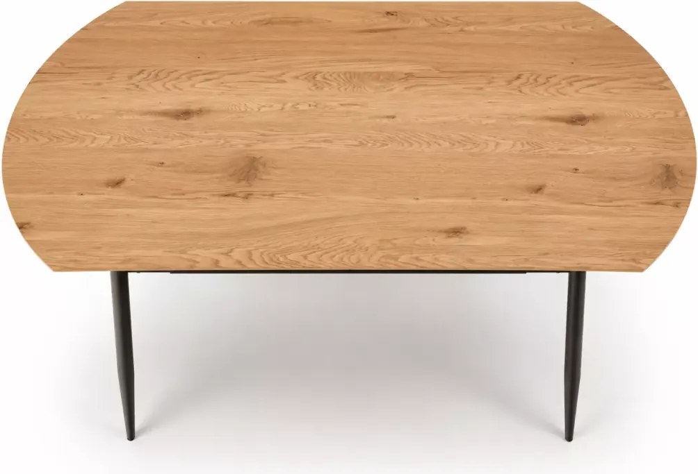 Zaowalony stół Vero 160 x 90 cm z eleganckim blatem w odcieniu złotego dębu i czarnymi nogami oraz półką pod blatem