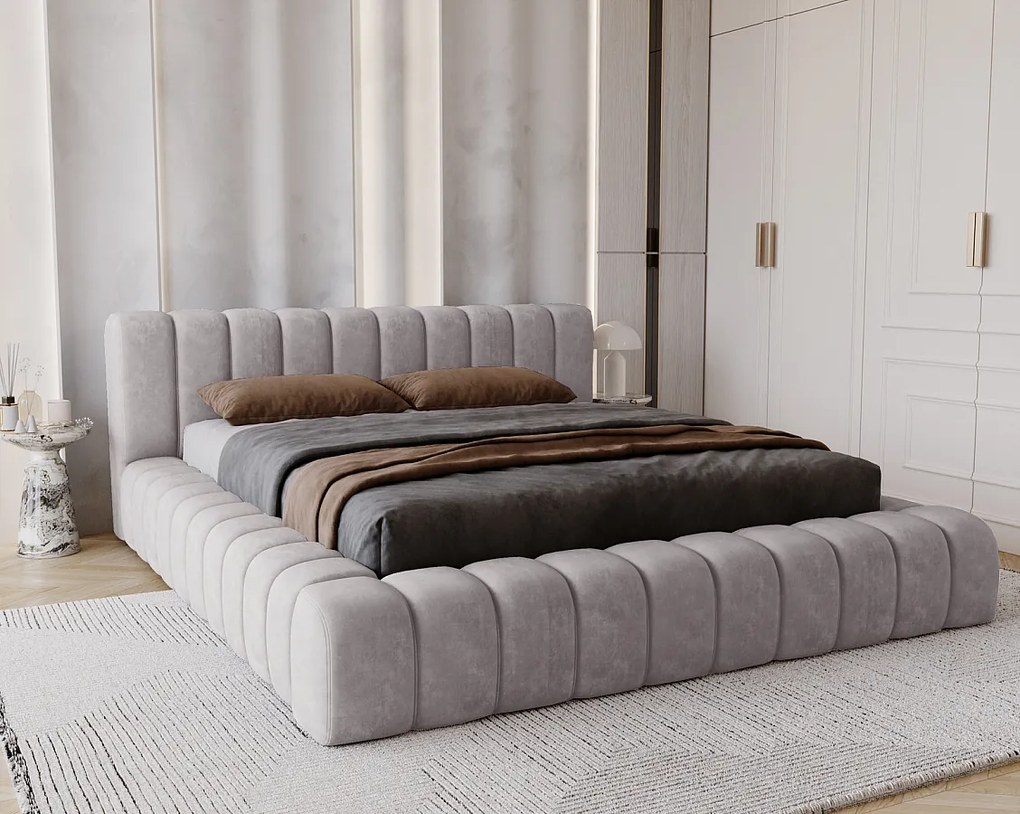 Emporius Como łóżko z pojemnikiem do sypialni - łózko tapicerowane 160x200, nowoczesny styl - duże łózko, gruba pianka - tkanina velvet, szary (Whisper 17)