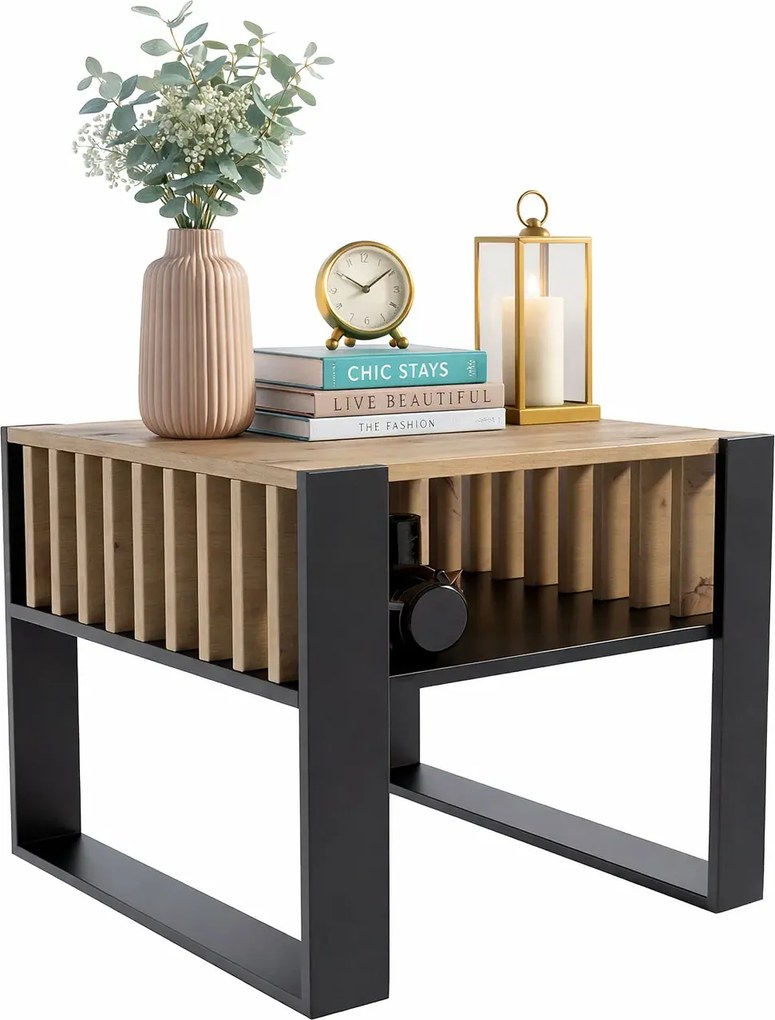 Nowoczesna Ława Czarny Kawowa Z Lamelami + Dąb Artisan L2-E26