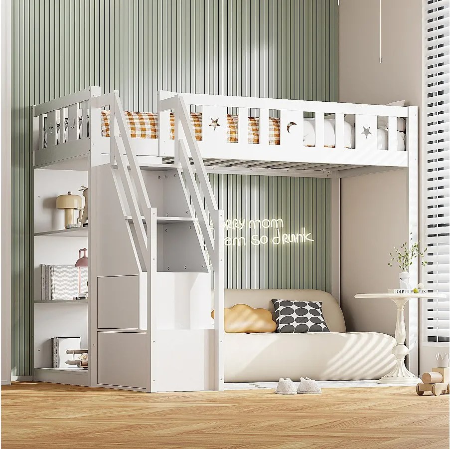 Łóżko piętrowe 90 x 200 cm z drabinką i półkami - Drewno sosnowe i MDF - Białe