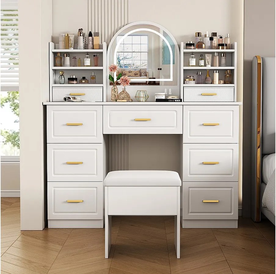 Toaletka z 9 szufladami, lustrem i stołkiem - 120 x 40 x 135 cm - LED - Płyta wiórowa - Biała