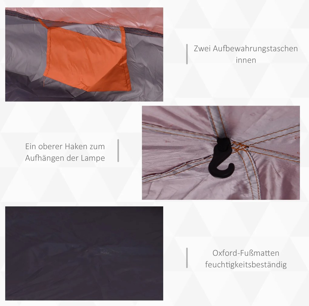 Namiot wodoodporny Campingowy 275x275 cm dla rodziny - Quick-Up, podwójna ściana, outdoor, z torbą i moskitierą Pomarańczowy Niebieski | Aosom PL