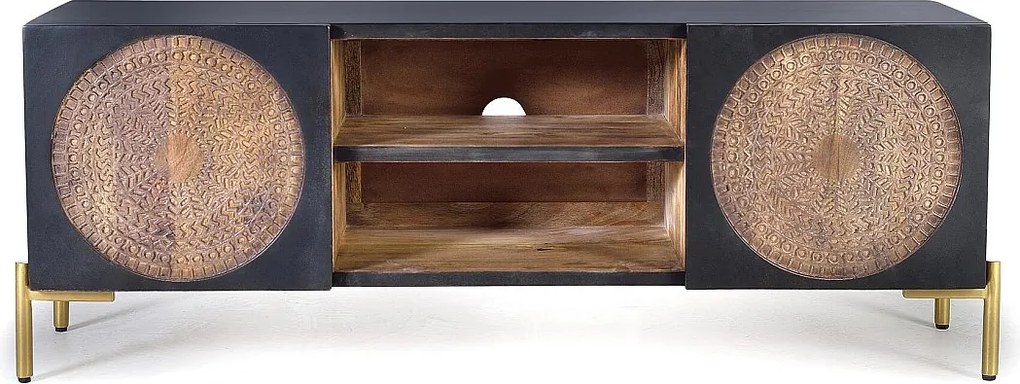 Szafka RTV z drewnianymi uchwytami i metalem