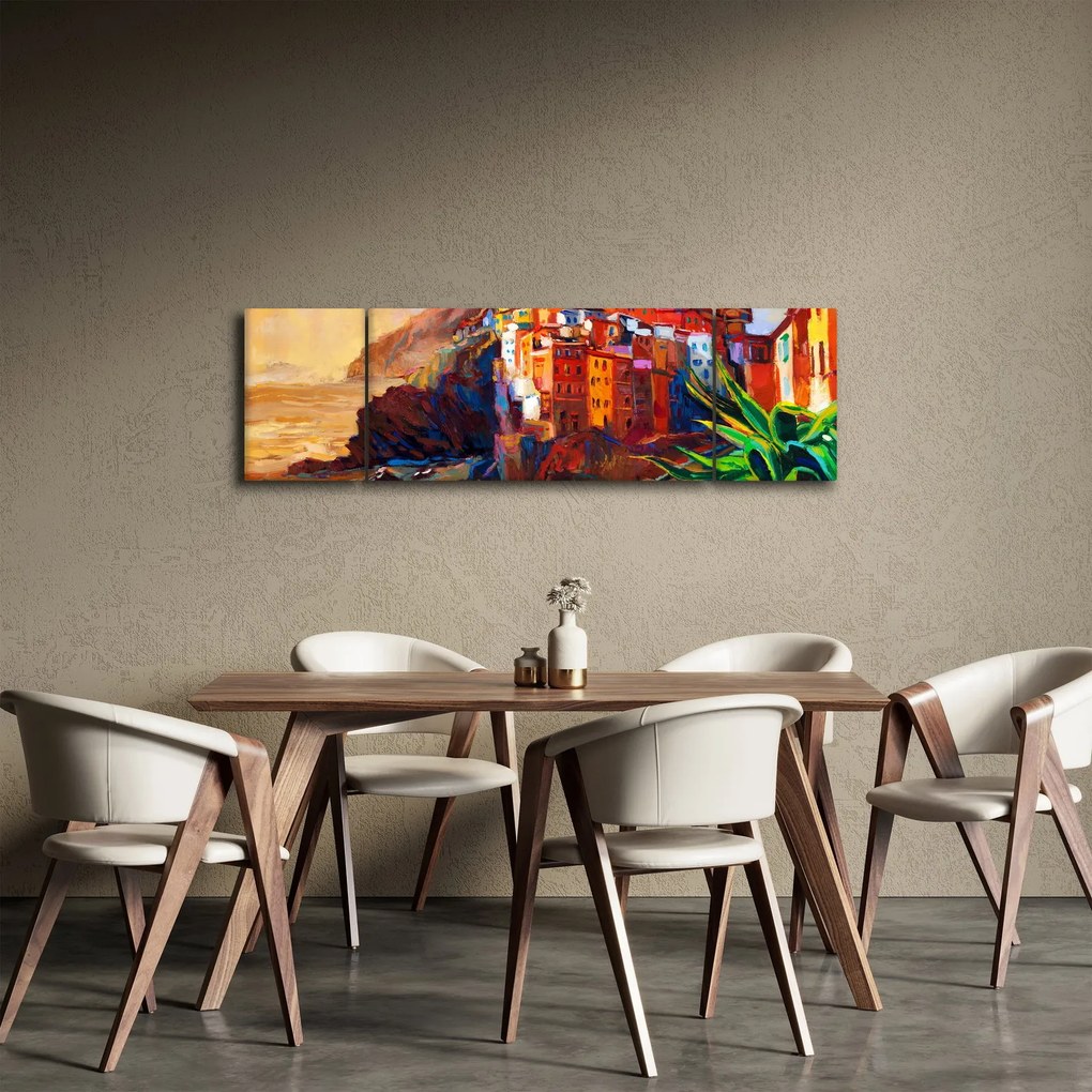 Obraz - Wieś na wybrzeżu Cinque Terre, Włoska Riviera, nowoczesny impresionism (170x50 cm)