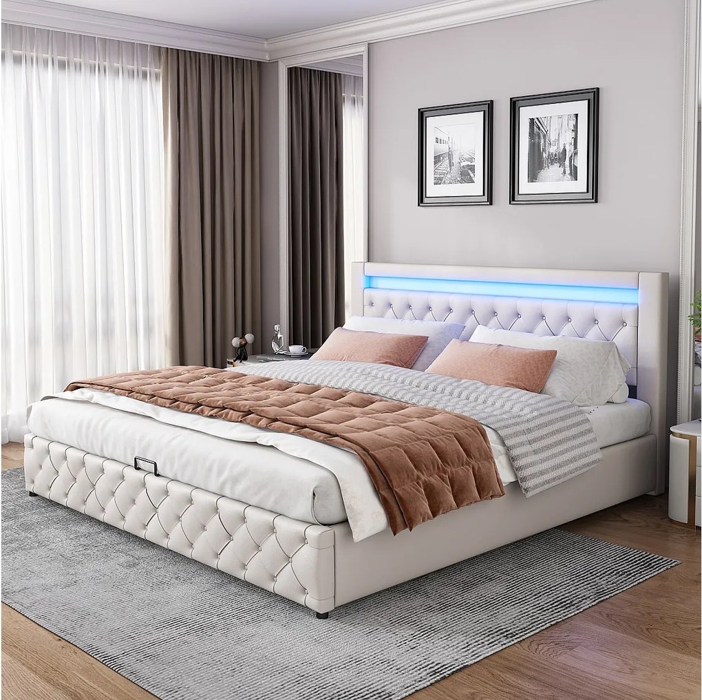 Łóżko ze schowkiem 180 x 200 cm - biały PU - z regulowanym oświetleniem LED - stelaż z listew - bez materaca