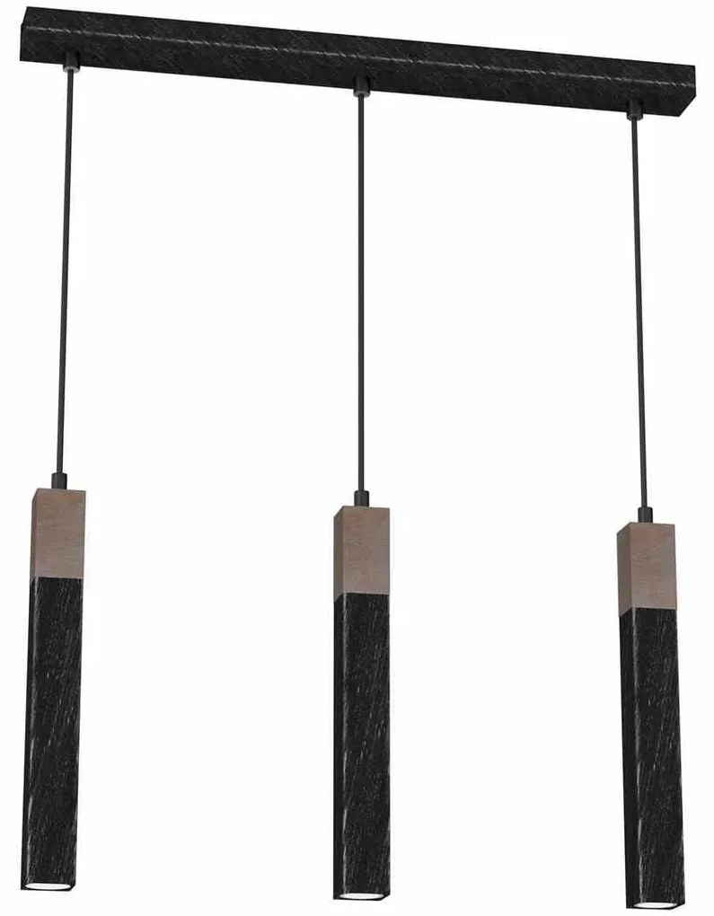 Lampa wisząca, czarna, potrójna SOLO SAWN BLACK / PATINATED WOOD 3x mini GU10