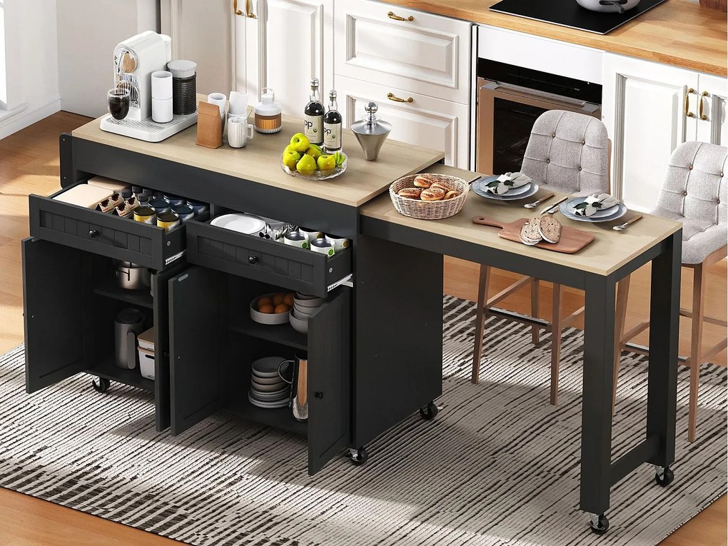 Wyspa kuchenna - z 4 drzwiami i 2 szufladami - rozsuwany blat - z kółkami - 180,5×45×92,2 cm - Czarny
