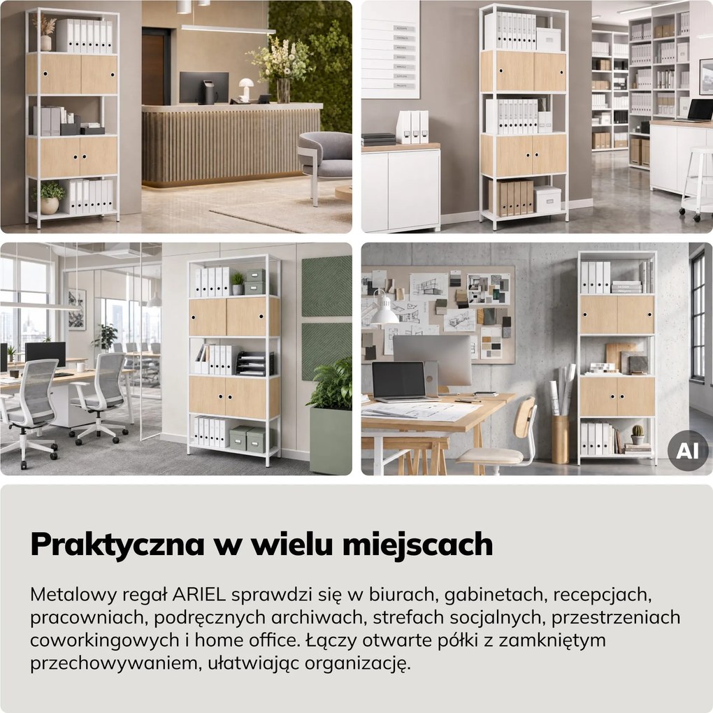 Regał na segregatory z szafką zamykaną, biurowy, otwarte półki, metalowy biały/dąb sonoma, 800x2200x400 mm: ARIEL Eco Design