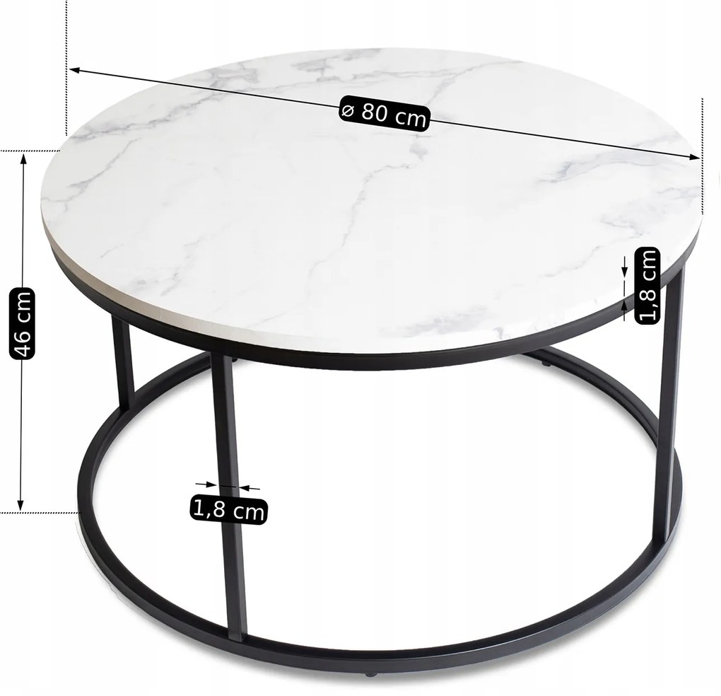 Stolik Kawowy CONNY MAX 80 cm Biały Marmur/Czarny Nowoczesny Glamour