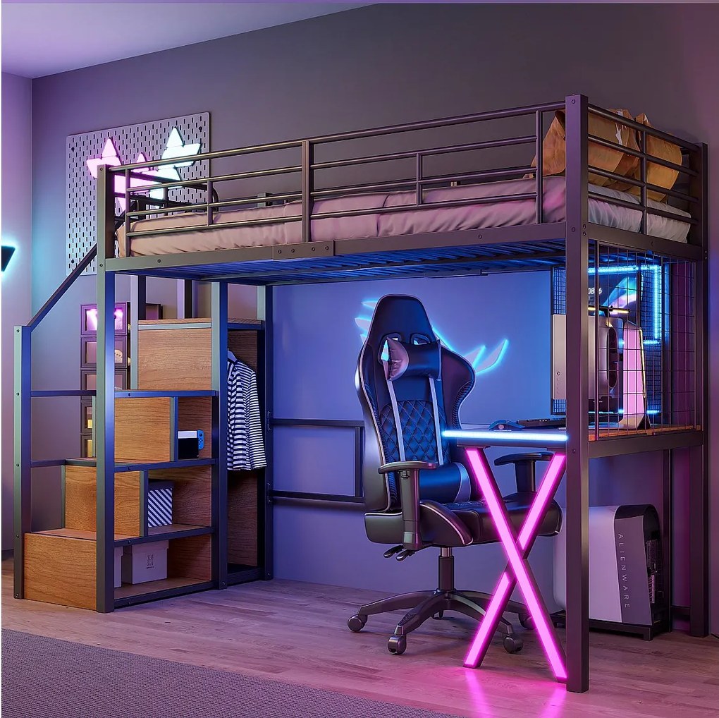 Łóżko antresola 90 x 200 cm z biurkiem, szafą, półkami - Oświetlenie ambientowe - Metal - Czarne (bez materaca)