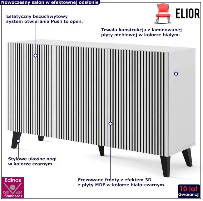 Biało-czarna komoda z lamelami 150 cm - Livorno 6X