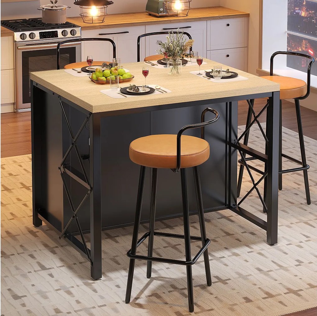 Zestaw stolik barowy i hokery (5 elementów) - stolik barowy z diodami LED + szuflady + 4 hokery - płyta MDF - czarny