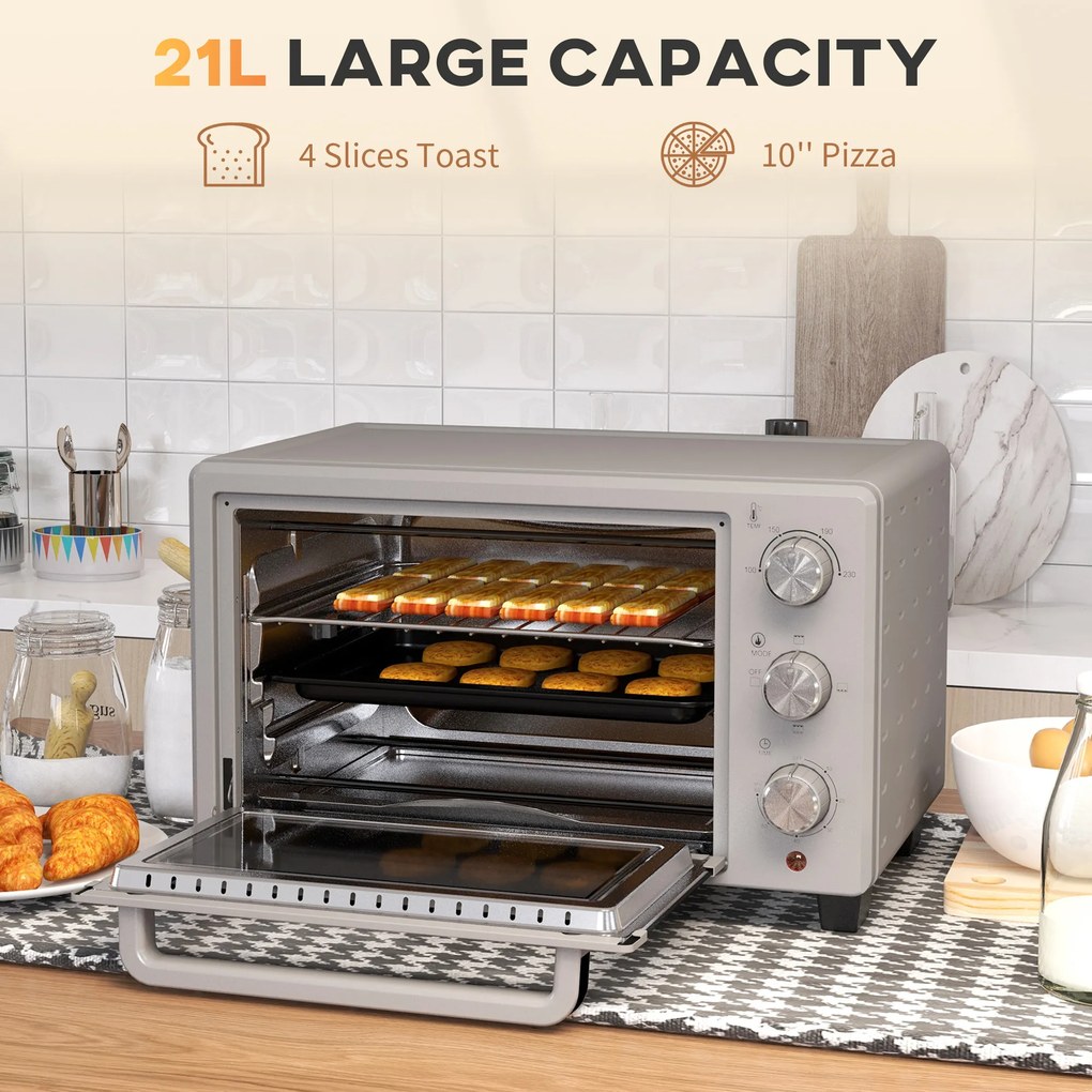 HOMCOM Minipiekarnik 21L, 3 Tryby Gotowania, 100°C-230°C, Ruszt &amp; Blacha, Stal Nierdzewna/Szkło, Srebrny