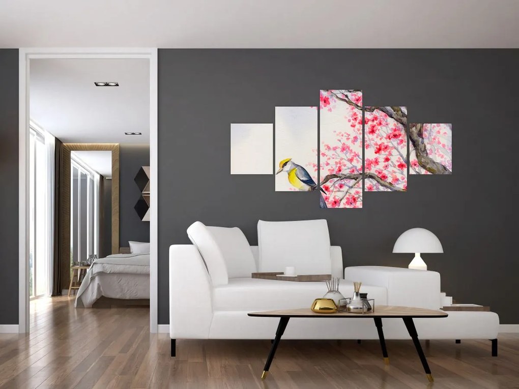 Obraz - ptak na drzewie z czerwonymi kwiatami (125x70 cm)