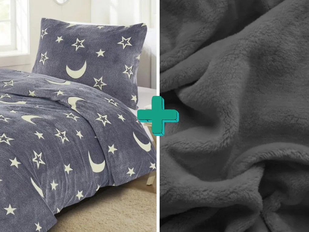 PrzytulneMieszkanie.pl PrzytulneMieszkanie.pl PrzytulneMieszkanie.pl Świecąca pościel z mikropluszu BIG MOON szara + mikropluszowe prześcieradło SOFT 90x200 cm ciemnoszare