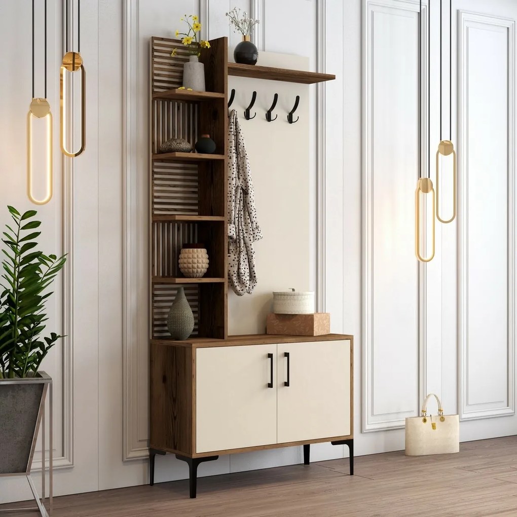 Wieszak z szafką na buty i półkami Viyana Walnutand Cream