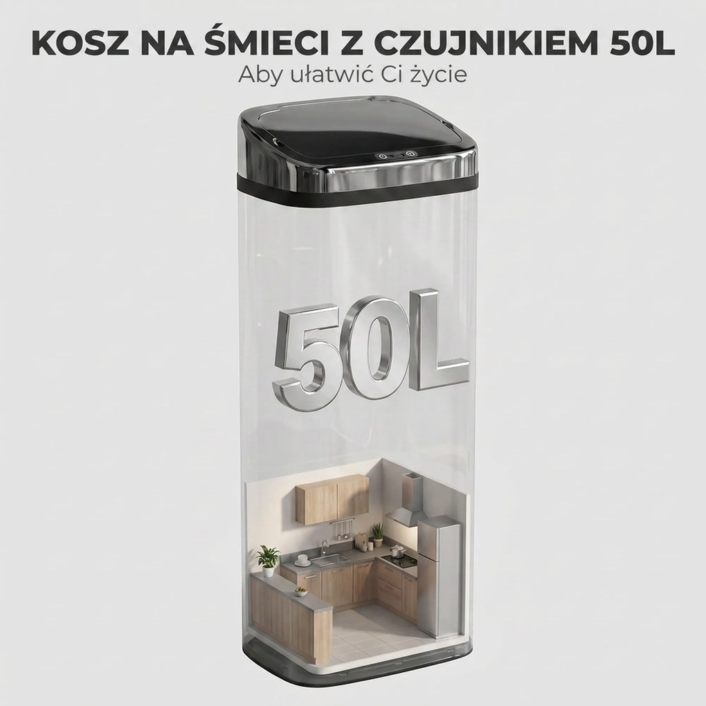 HOMCOM Kosz na śmieci z czujnikiem ruchu 50 L, automatyczny kosz ze stali nierdzewnej do kuchni, srebrny | Aosom PL