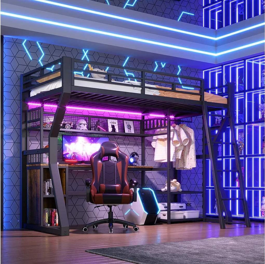 Łóżko piętrowe dla dzieci - 90 x 200 cm - rama żeliwna - z diodami LED + biurko + schowek + półki - płyta MDF + metal - kolor czarny