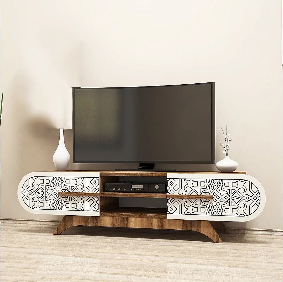 Stojak pod telewizor – 145 x 37 x 37 cm – Orzech i krem ​​– Płyta wiórowa pokryta melaminą