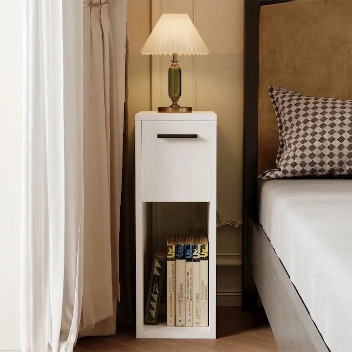Szafka nocna biała z szufladą stolik z półką nowoczesny loft sypialni