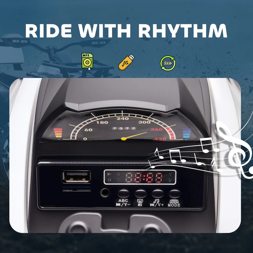 HOMCOM Elektryczny quad dla dzieci, prędkość 3-8 km/h, czas jazdy 45 min, reflektor LED, odtwarzacz muzyczny USB, dla dzieci 3-5 lat | Aosom PL