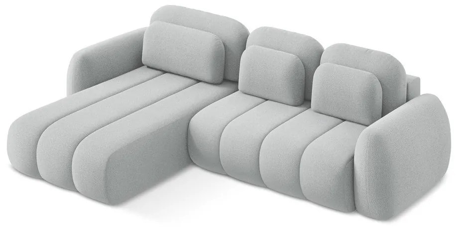 Jasnoszary rozkładany narożnik z materiału bouclé ze schowkiem (lewostronny/z szezlongiem) Pele – Makamii