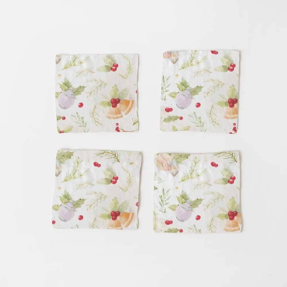 Zestaw 4 świątecznych lnianych podkładek Linen Tales Merry, 10x10 cm