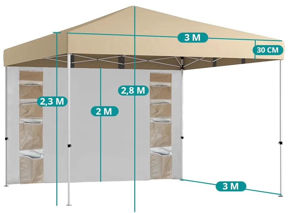 Pawilon z tylną ścianką i kieszeniami 3x3x2,8 m, beżowy