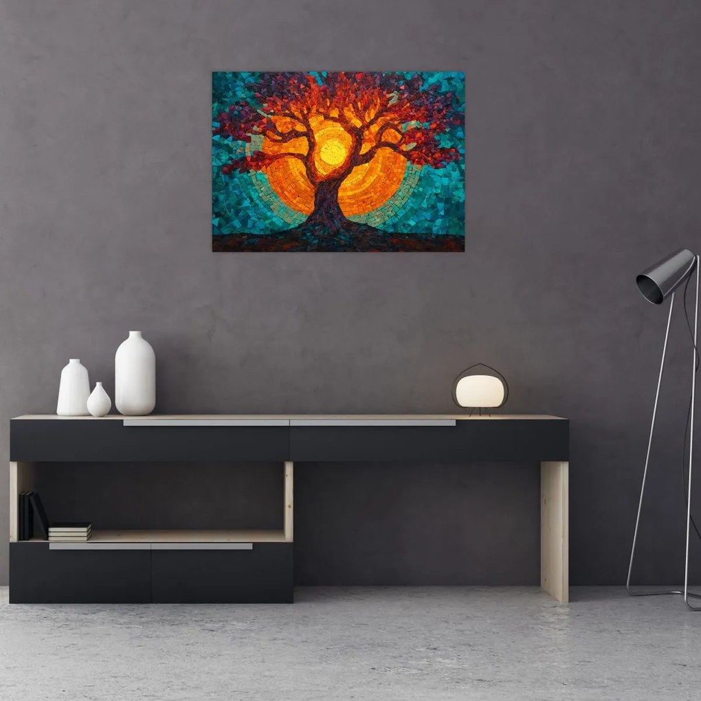 Obraz - Drzewo życia i słońce w mozaice (70x50 cm)