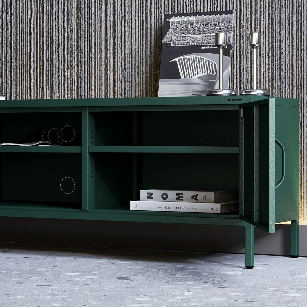 Szafka RTV metalowa szeroka XL na nóżkach butelkowa zieleń, 1700x400x500 mm: ROSARIA