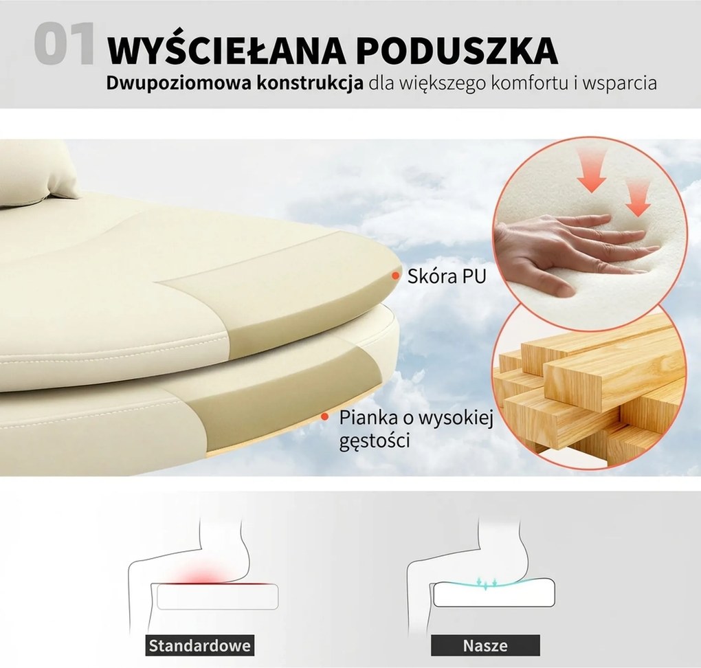 HOMCOM Fotel biurowy bez podłokietników z pokryciem ze sztucznej skóry, fotel biurowy z kółkami, dodatkowa poduszka, regulowany, obrotowy, beżowy