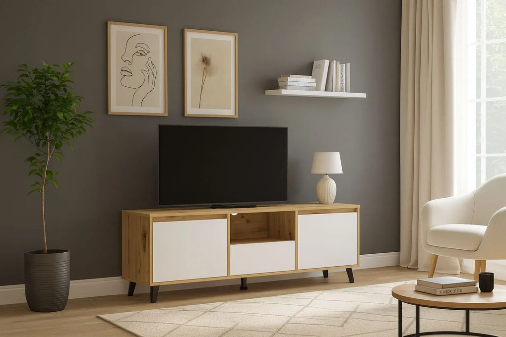 Szafka pod telewizor na nóżkach dąb artisan + biały W9-S07
