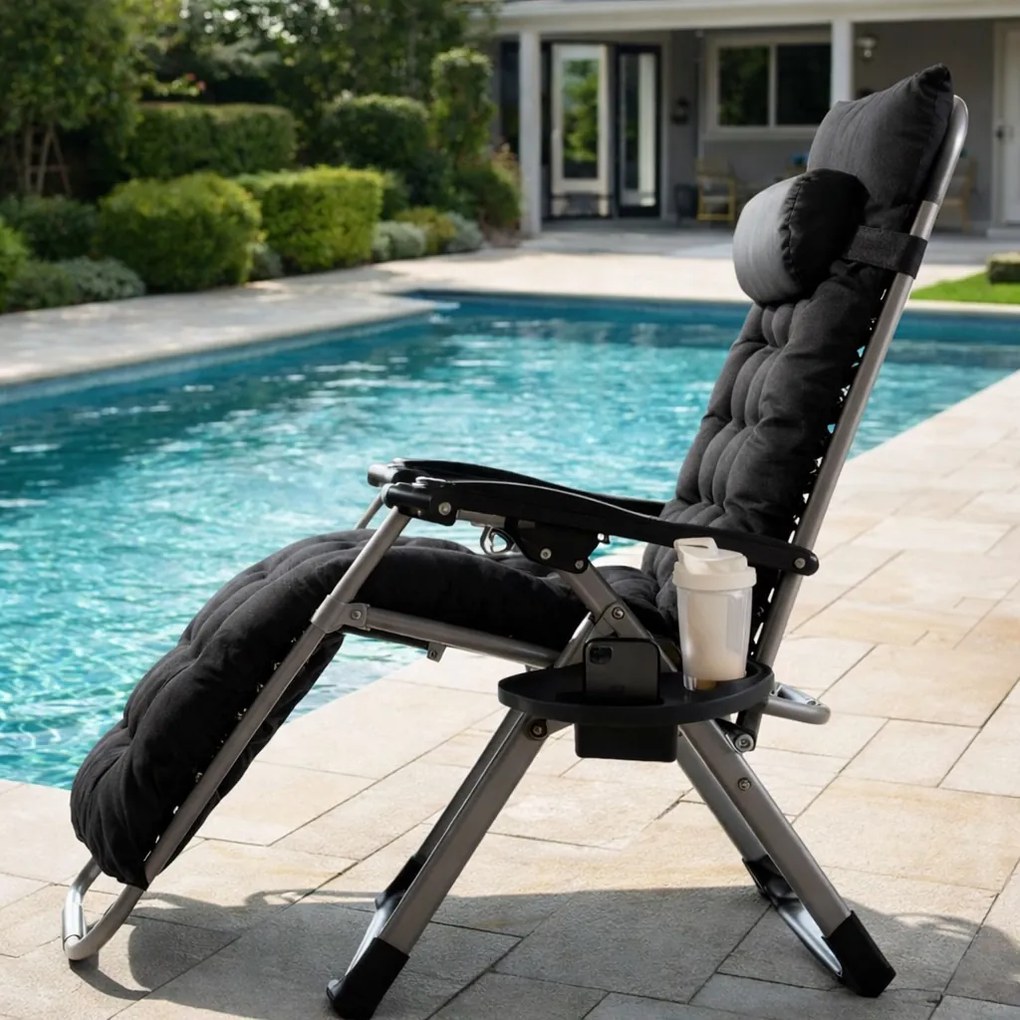 Leżak ogrodowy składany Solano TDC01 z poduszką i uchwytem na napoje, czarny