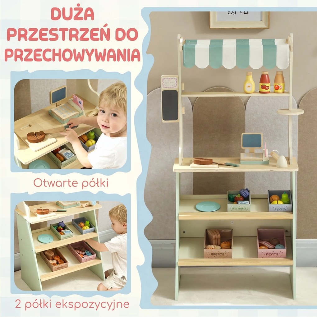 AIYAPLAY Stoisko supermarketowe dla dzieci, kasa do zabawy, 34 akcesoria, MDF, zielony