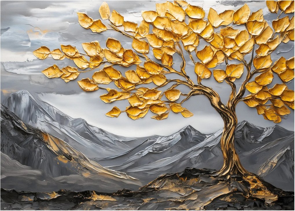 Obraz na szkle – Drzewo ze złotymi liśćmi (70x50 cm)