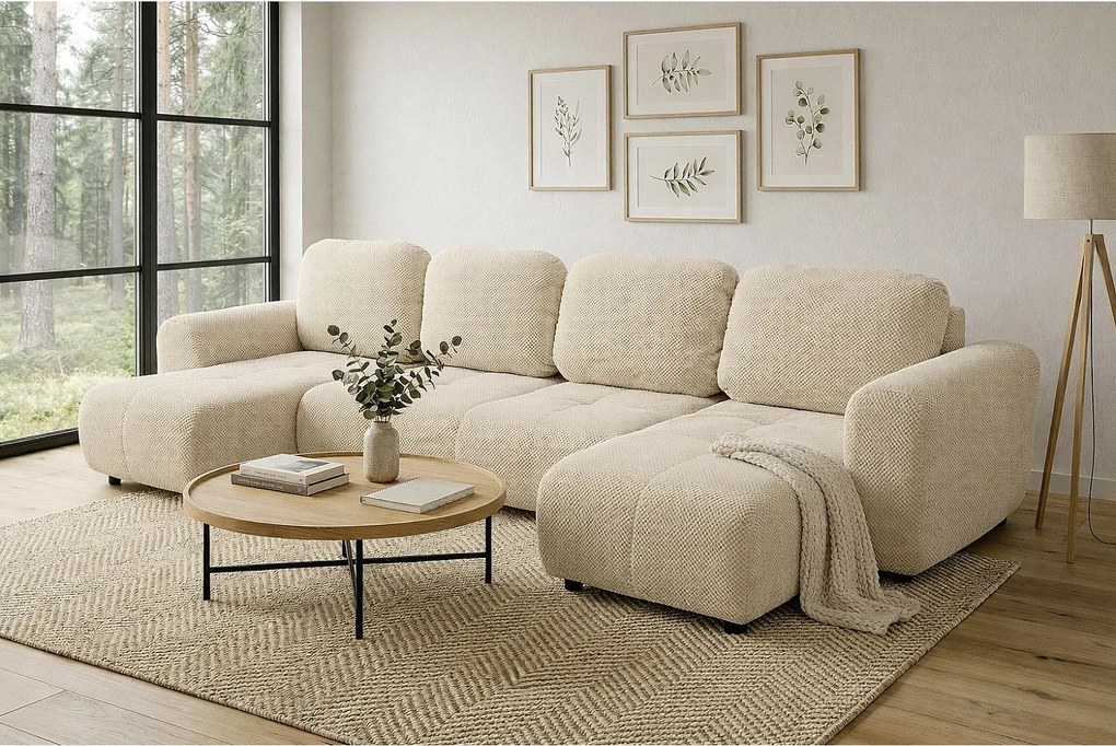 Stylowy narożnik rozkładany BINGO U L 315x146 cm w tkaninie POP 6 beżowej