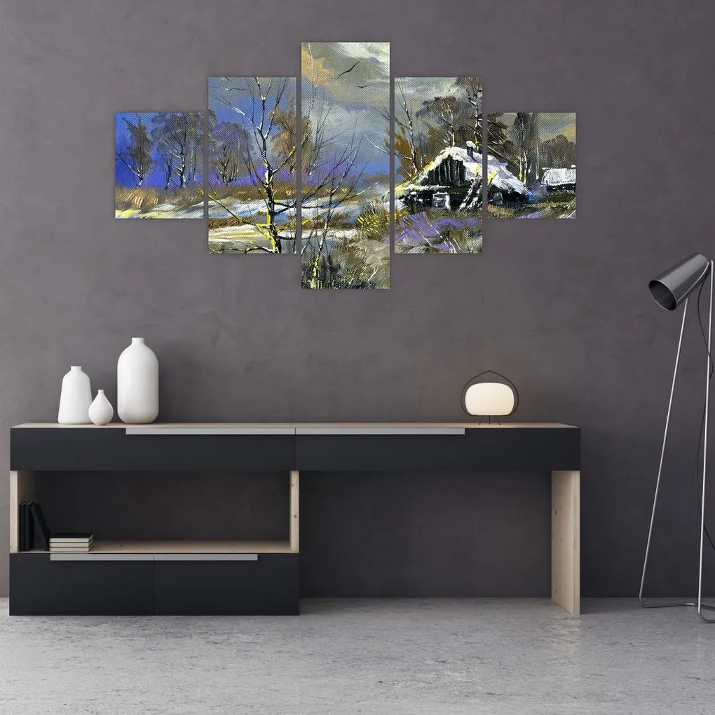 Obraz chaty w zimowym krajobrazie, obraz olejny (125x70 cm)