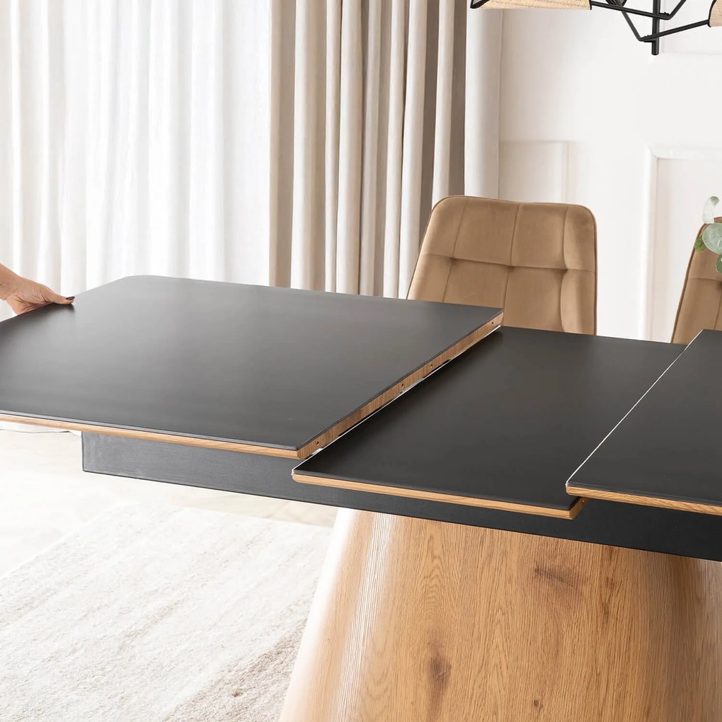 Zestaw Stół Rozkładany Ceramiczny LIZBONA 160-200 cm Czarny/Dąb i 4 Krzesła Tapicerowane RODRI Beżowe Nowoczesne