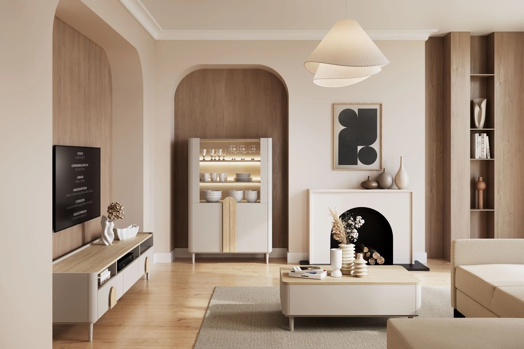 Witryna Amilio do salonu 100 cm na nóżkach - kaszmir / dąb olejowany / uchwyty dąb jasny