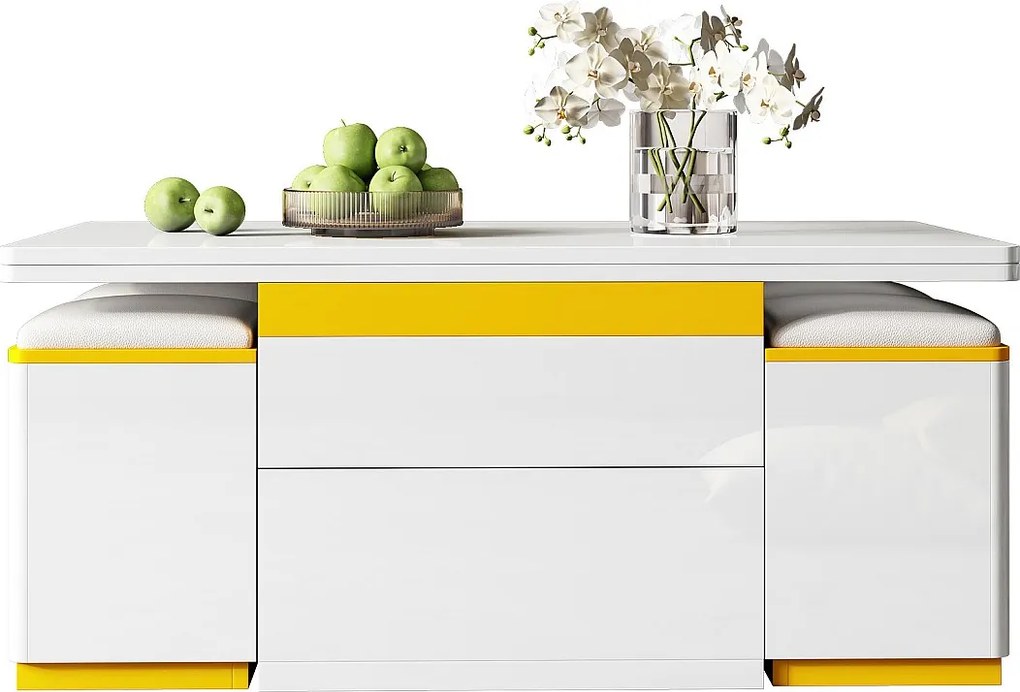 Stolik kawowy z podnoszonym blatem, błyszczący - 100 x 50 x 43 cm - składany mebel do salonu z szufladami - płyta MDF i płyta wiórowa - biały