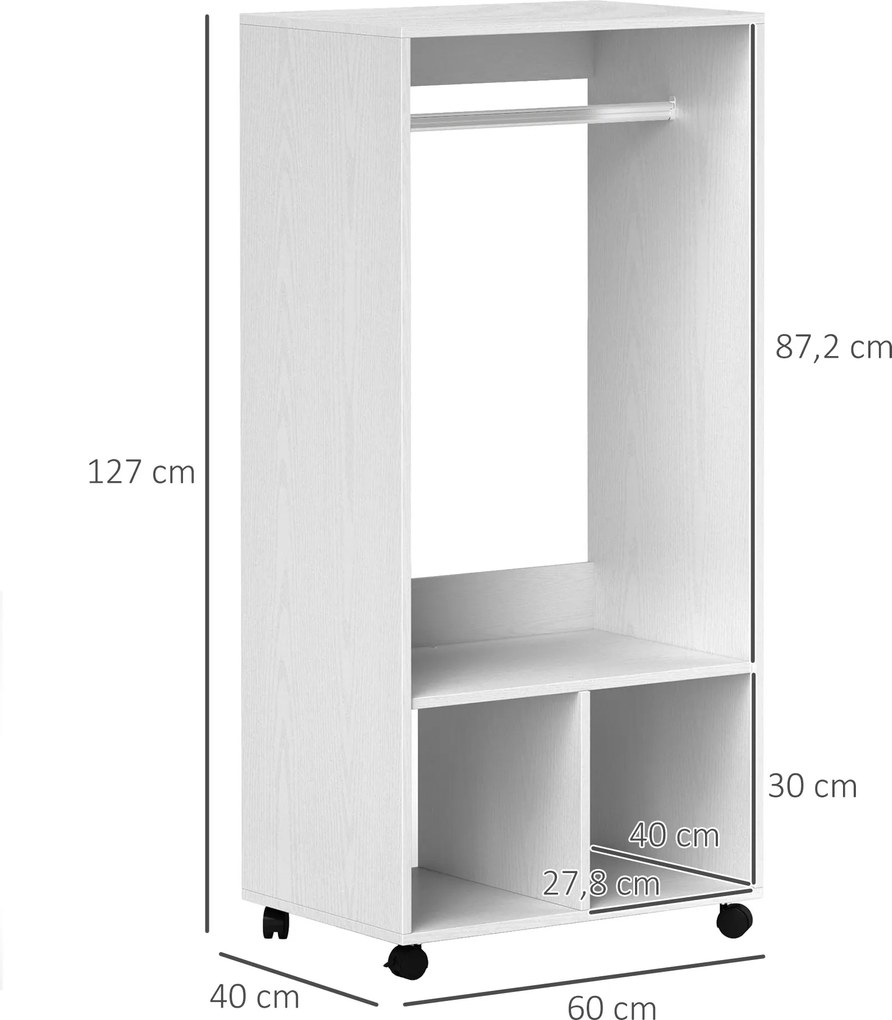 HOMCOM Szafa Garderoba, 60 cm x 40 cm x 127 cm, 1 Drążek na Ubrania, 2 Półki, Biały