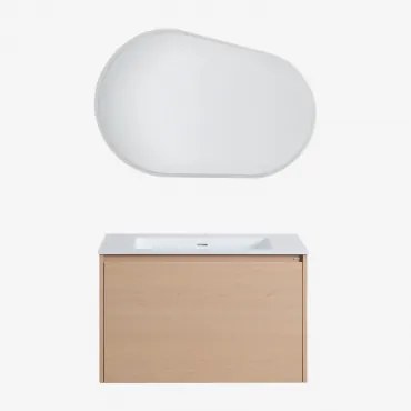 Zestaw Mebli Łazienkowych Z Drewna Z Wbudowaną Umywalką Jacob Naturalna & Owalna Lampa Led I Przeciwmgielna 100x80 Cm Riben & Bez Kranu - Sklum