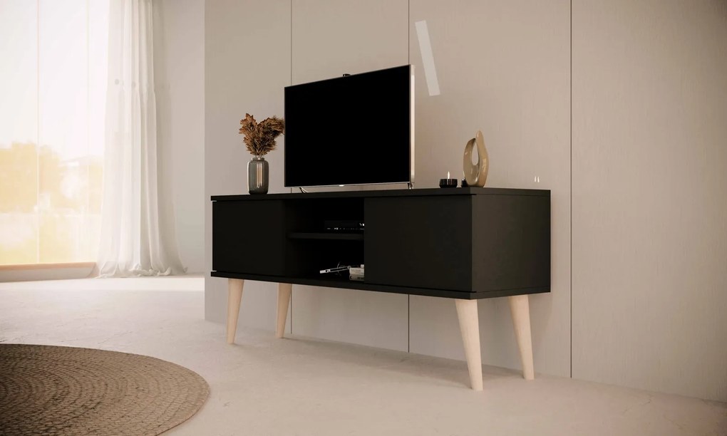 Skandynawska szafka RTV na drewnianych nogach Toronto 120 czarna