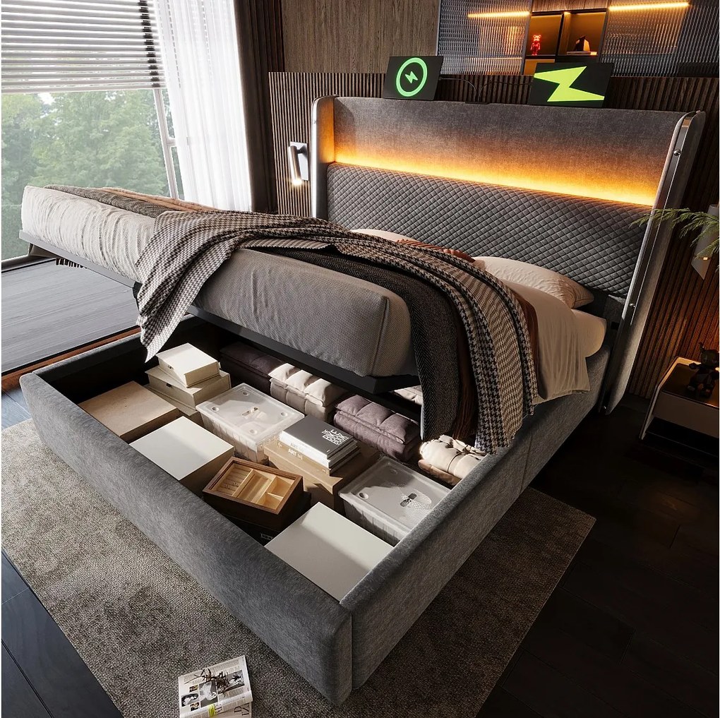 Łóżko z pojemnikiem 140x200 cm Łóżko dla dorosłych z USB i LED, tapicerowany zagłówek - szary len (bez materaca)